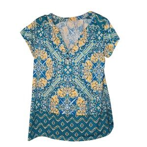 Kate Park Petite Medium Teal Yellow Medallion Geometric Split Neck Blouse Top